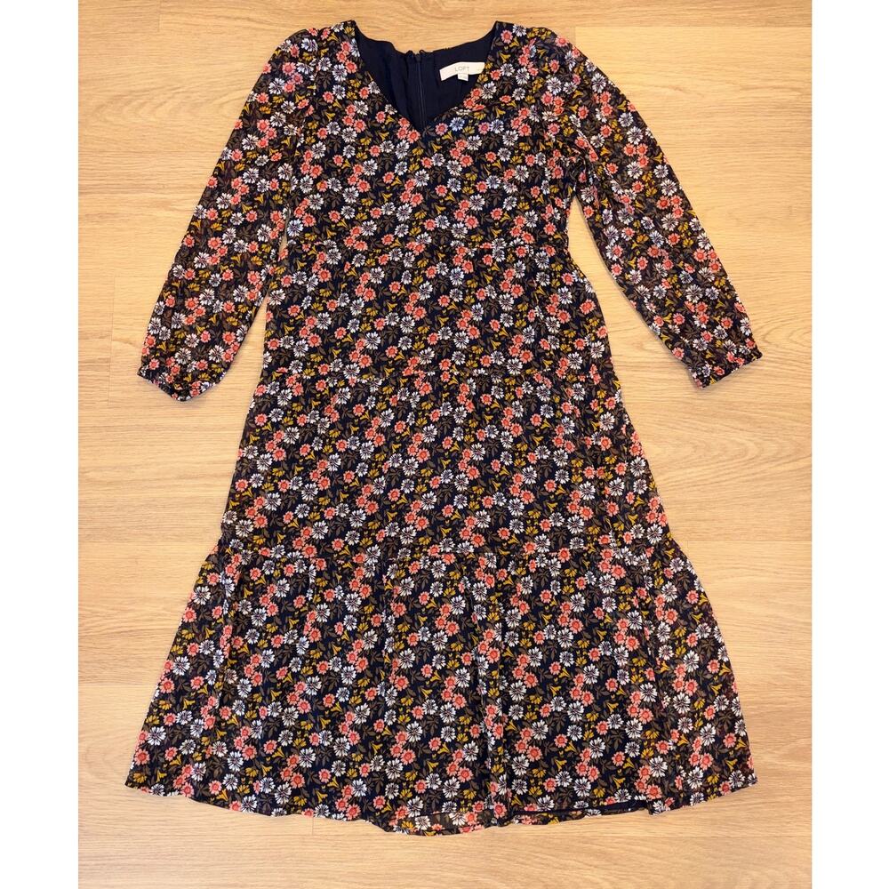 Ann Taylor Loft petites long sleeve tiered navy floral midi dress womens size 4P